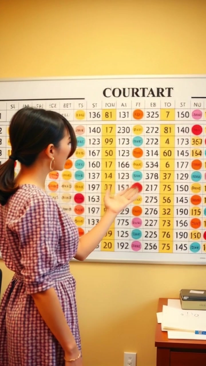 Subject (Business attire, Gesturing hand movements, Serious expression) + Subject movement (Gesturing towards the wall) + Scene (Office setting, Large chart with numbers) + Camera Language (Slow push in) + Lighting (Harsh office lighting) + Atmosphere (Professional, focused)