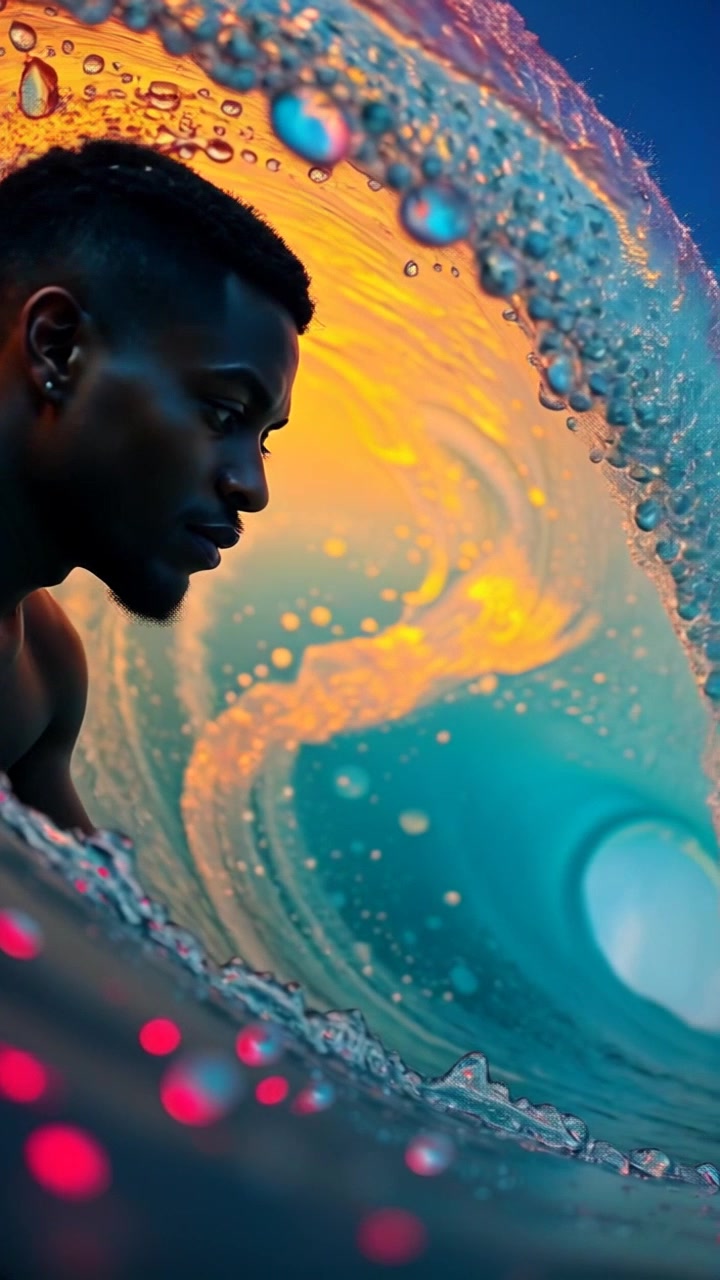 Subject: A surfer catching an exhilarating wave. Subject movement: The surfer carves through the water, skillfully maneuvering as the wave curls around him. Scene: A vivid ocean scene where shimmering sunlight dances off the water's surface, creating a dynamic display of reflections. Style: Bright, sunlight illuminating the scene with a refreshing feel. Motion: The camera dynamically tracks the surfer's movement, following closely as he glides across the wave, with a slight tilt to capture the intricate play of light on the water.