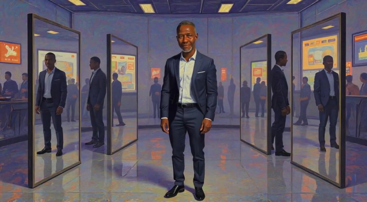 The person gazes into the mirrors, their reflections gently shifting and multiplying in the still, empty room.