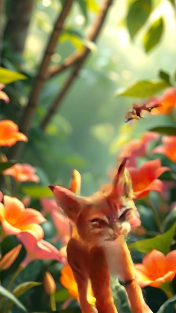 A lush jungle setting with tall green trees and colorful flowers, showing a small orange tabby cat chasing a butterfly.