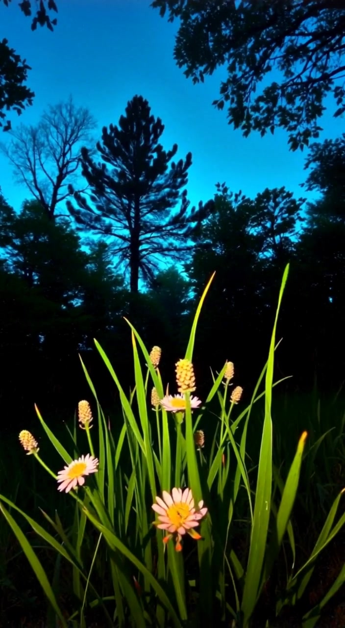 Leaves rustle gently in the breeze as flowers sway in the serene landscape under a clear blue sky.