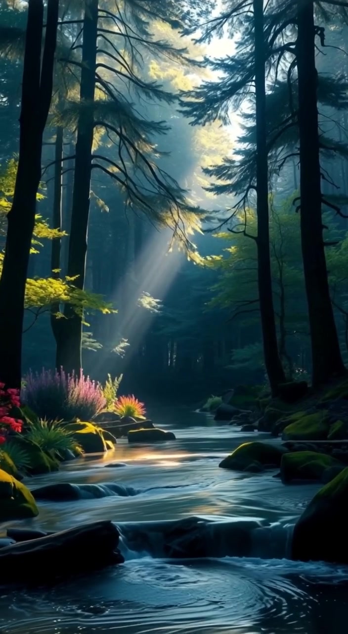 The river flows gently, with sunlight dappling through the leaves of tall trees in the serene forest.