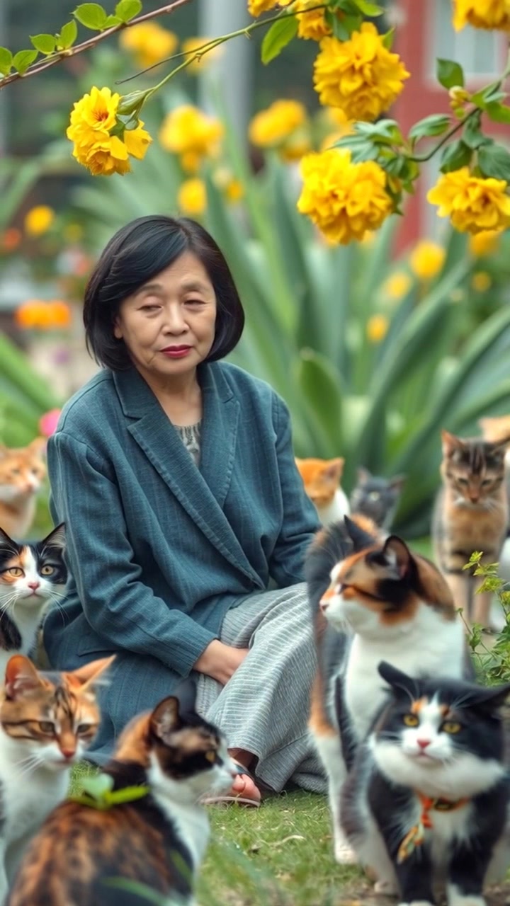 Subject: A bemused neighbor watching a cat in her vibrant garden. Subject movement: The neighbor shifts her gaze curiously toward the cat while leaning slightly forward. Scene: A lush garden brimming with colorful flowers and green foliage, sunlight filtering through the leaves. Style: Bright, cheerful daylight highlighting the garden's vivid colors. Motion: The camera slowly dolly in towards the neighbor as she reacts to the unexpected presence of the cat, capturing the moment of curiosity.