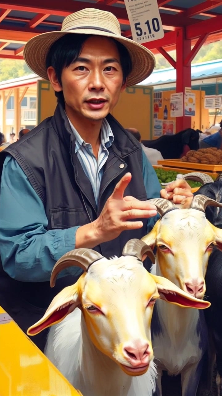 Subject: A middle-aged animal trader wearing a farmer's hat. Subject movement: The trader gestures with his hands while he interacts with the goats, showing them off to potential buyers. Scene: A bustling market stall filled with lively goats and assorted animal supplies. Lighting: Bright overhead sunlight casting soft shadows around the stall. Motion: The camera smoothly dolly in, capturing the dynamic chatter of the market while focusing on the trader's enthusiastic expressions and the animated movements of the goats.