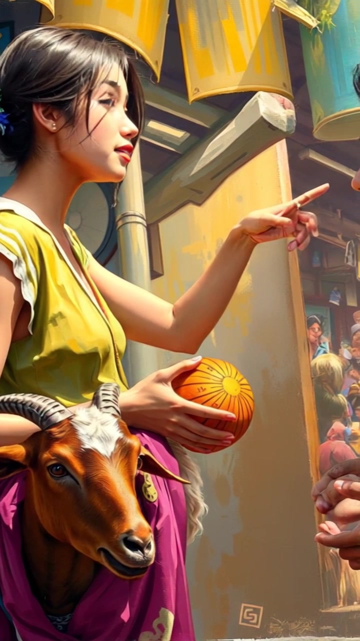 Subject: A woman with a low ponytail negotiating with a trader over a goat in a bustling market. Subject movement: The woman gestures animatedly, trying to articulate her price, while the trader responds with earnest nods. Scene: A vibrant market scene filled with colorful stalls, lively onlookers, and various livestock, creating a rich tapestry of daily life. Style: Bright, natural lighting immersing the scene in an inviting atmosphere. Motion: The camera performs a slow tracking shot around the negotiating pair, capturing the interactions and the surrounding market activity.