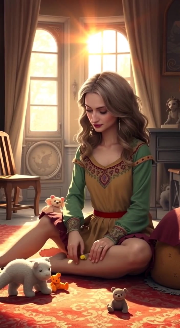The woman gently plays with toys, sunlight dancing across the floor as shadows shift in the room.