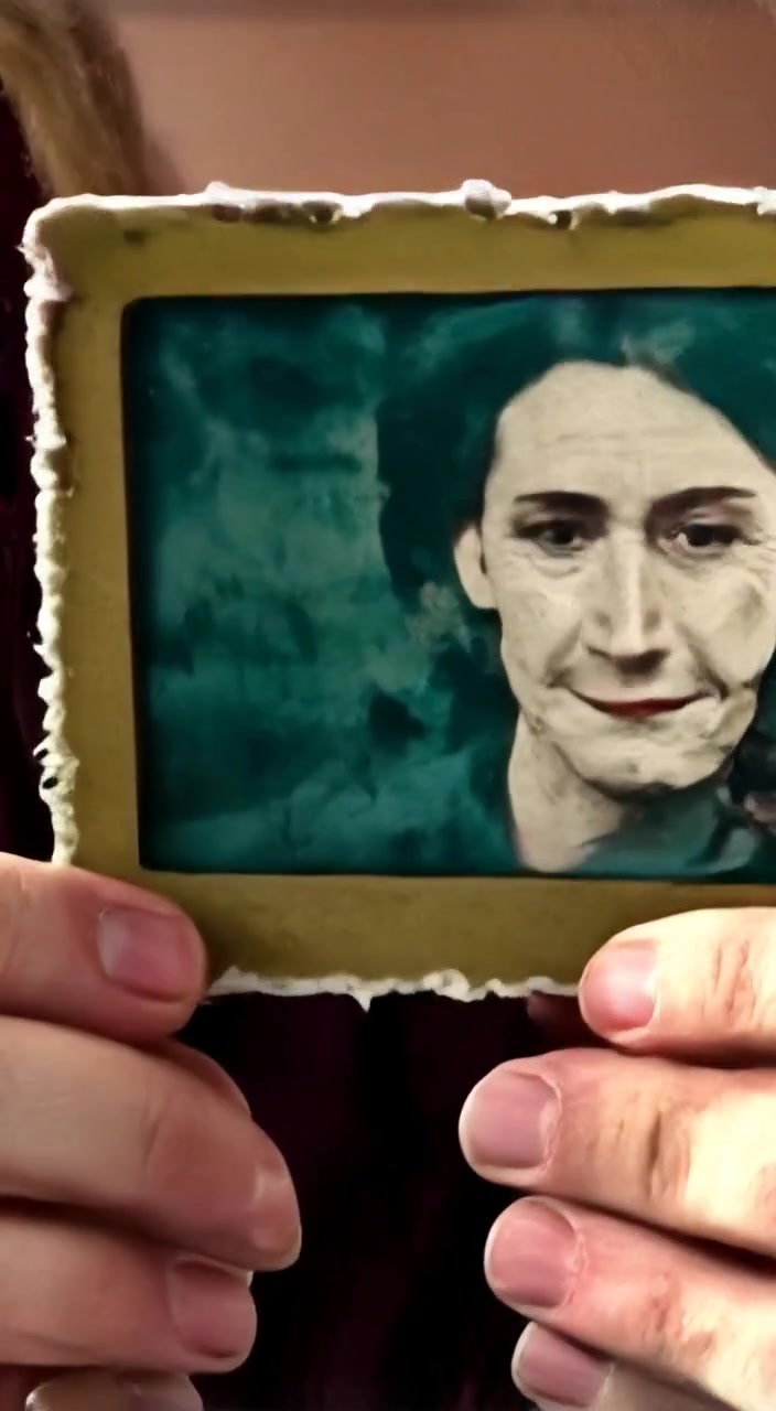 The woman gently holds the worn photograph, sunlight streaming through the window and casting soft shadows around her.