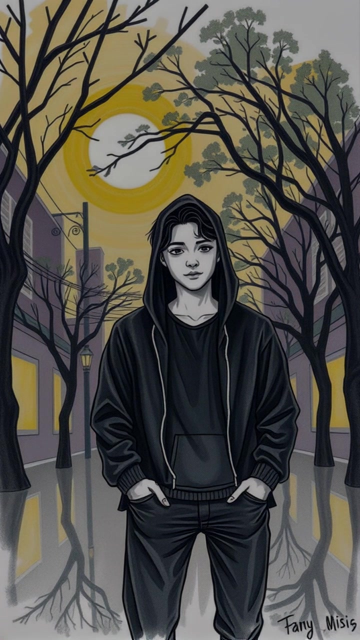 A dark, moonlit street with shadows cast by trees and a figure in a black hooded jacket standing still.