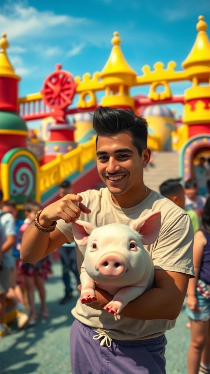 A colorful playground filled with children playing, Kid 1 pointing excitedly toward Piggy.
