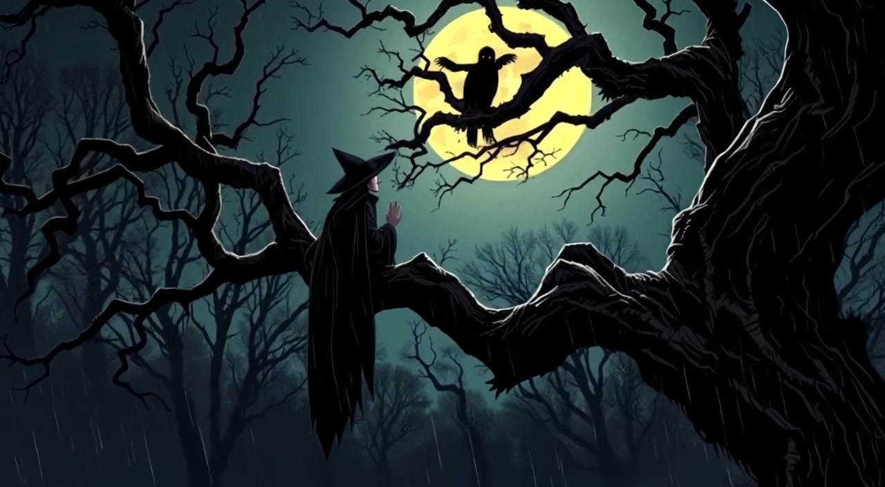 The witch gazes down from her branch, with leaves rustling gently in the moonlit forest’s cool night breeze.
