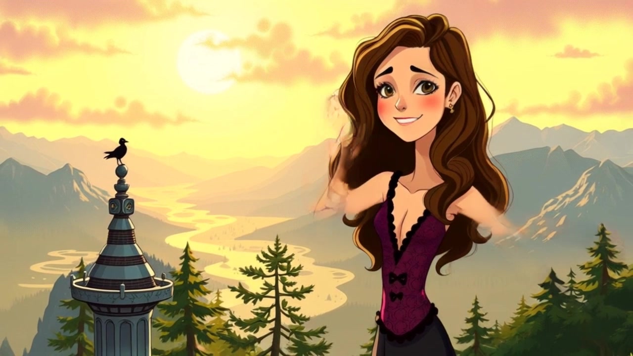 Subject: A woman standing with a smile at the summit of a mountain. Subject movement: She raises her arms in triumph, embracing the breathtaking view of the valley below. Scene: A stunning mountain peak overlooking a picturesque valley, illuminated by warm sunlight. Style:Golden-hour lighting creating gentle shadows and enhancing the vibrant colors of the landscape. Motion: Camera slowly pushes in, capturing the woman's joyful stance while revealing the expansive beauty of the valley behind her.