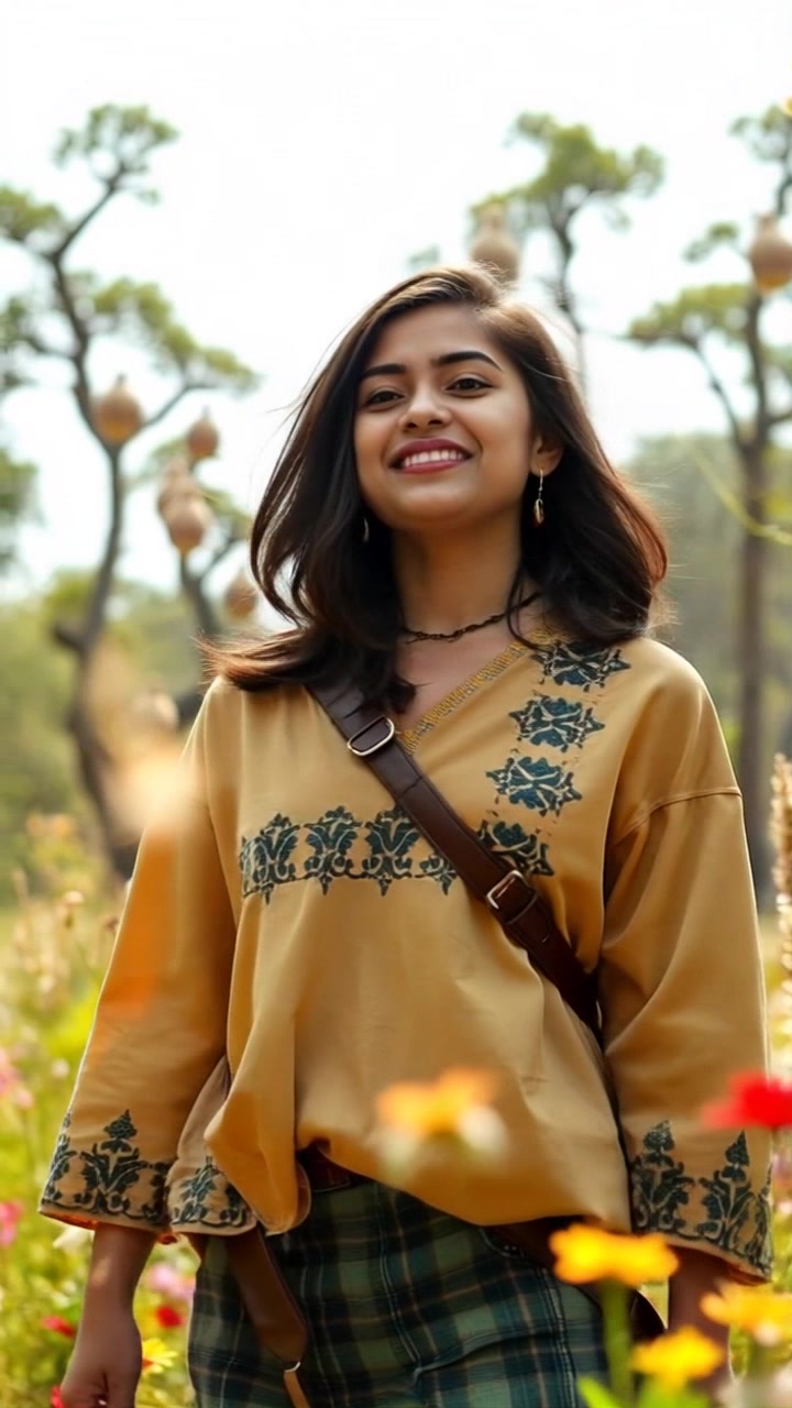 Subject: Alina standing in a sunny meadow. Subject movement: She smiles and gently sways while admiring the nature around her. Scene: A vibrant meadow surrounded by lush trees and blooming flowers under a clear blue sky. Style: Bright, natural lighting that enhances the cheerful atmosphere. Motion: The camera slowly dollies in, capturing the colorful flowers as the background softly blurs, focusing on Alina's joyful expression.