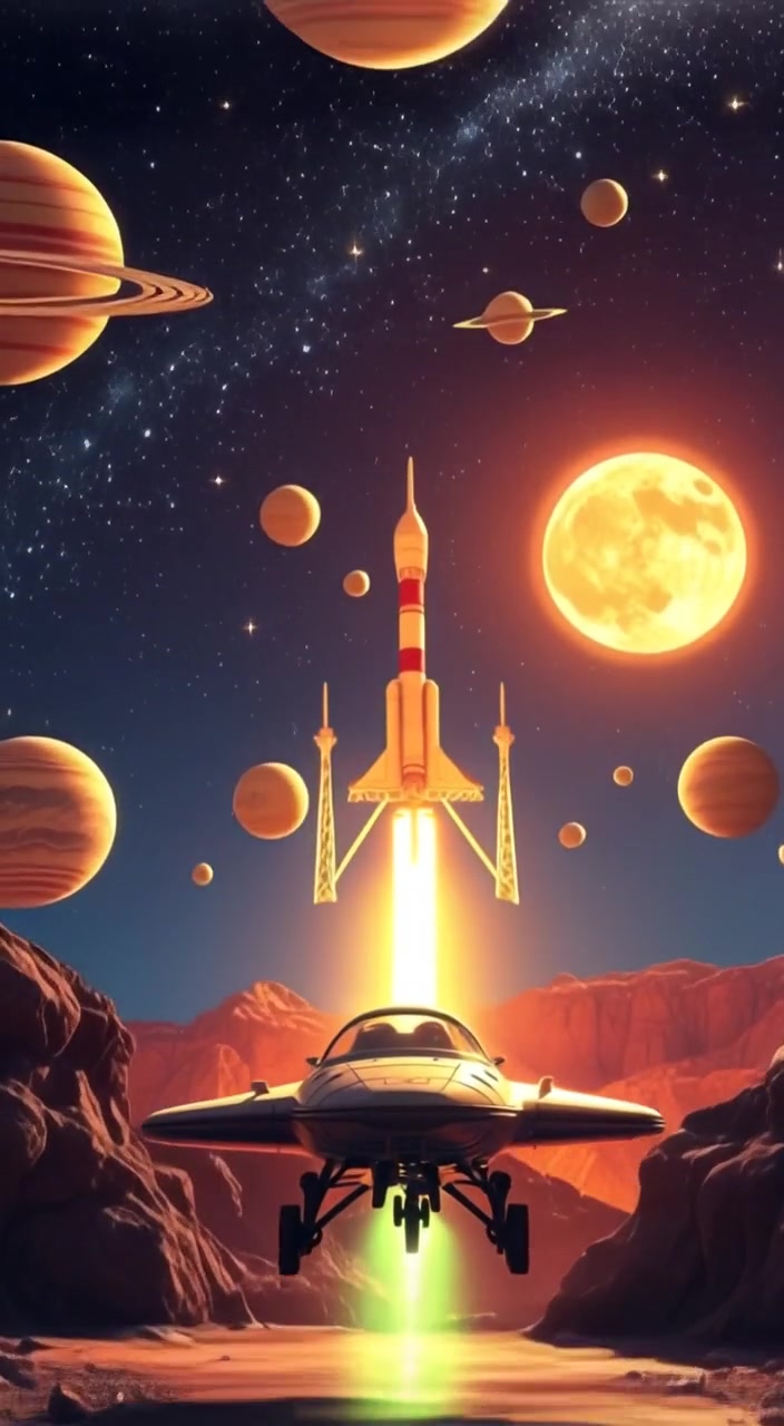 A spaceship slowly ascends into the starry night sky, surrounded by shimmering planets and twinkling stars.