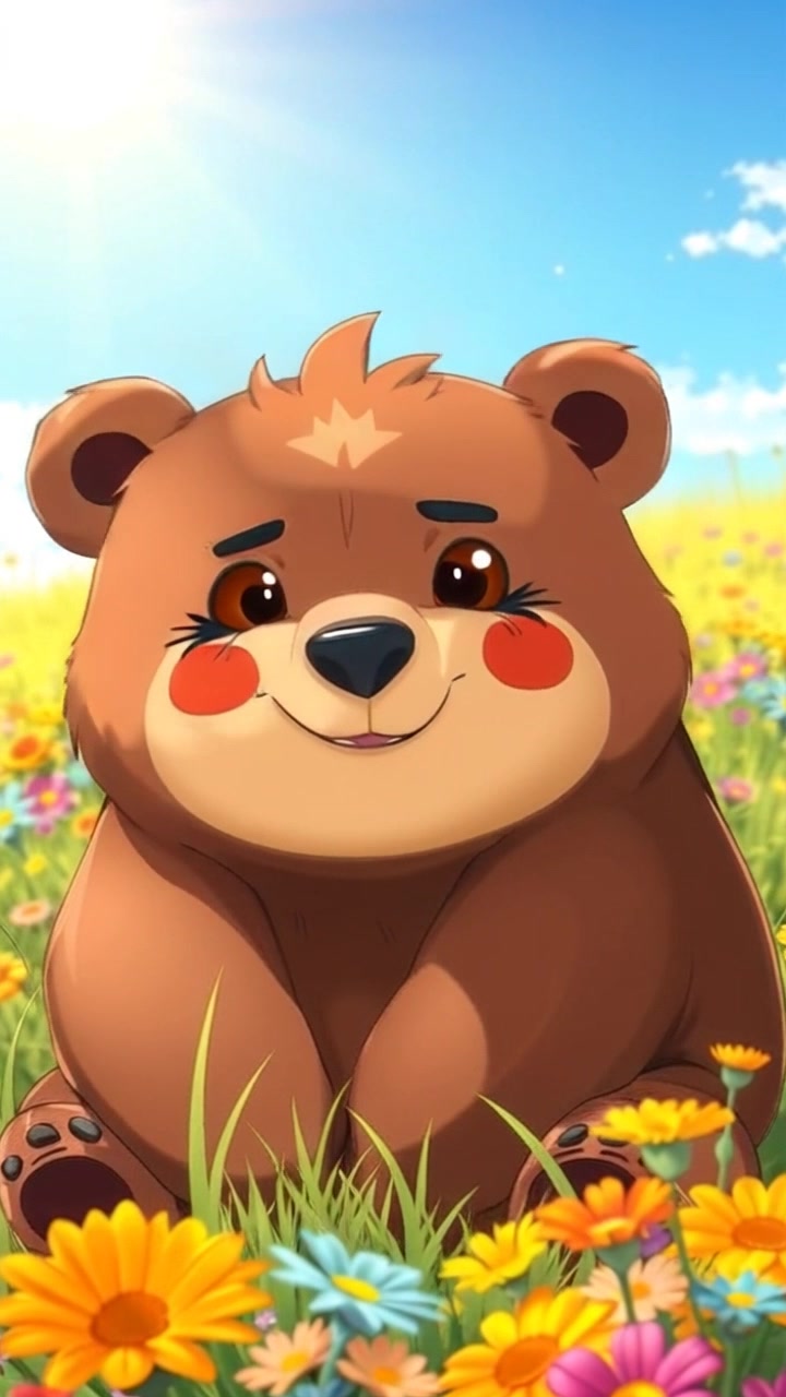 A sunny meadow filled with wildflowers, with Bumbles the Bear happily sitting in the grass, looking up at the blue sky.