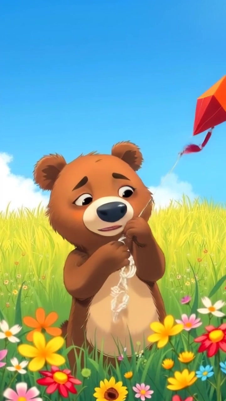 Bumbles the Bear stands in the meadow, holding an unsteady kite that is tangled in string, looking worried.