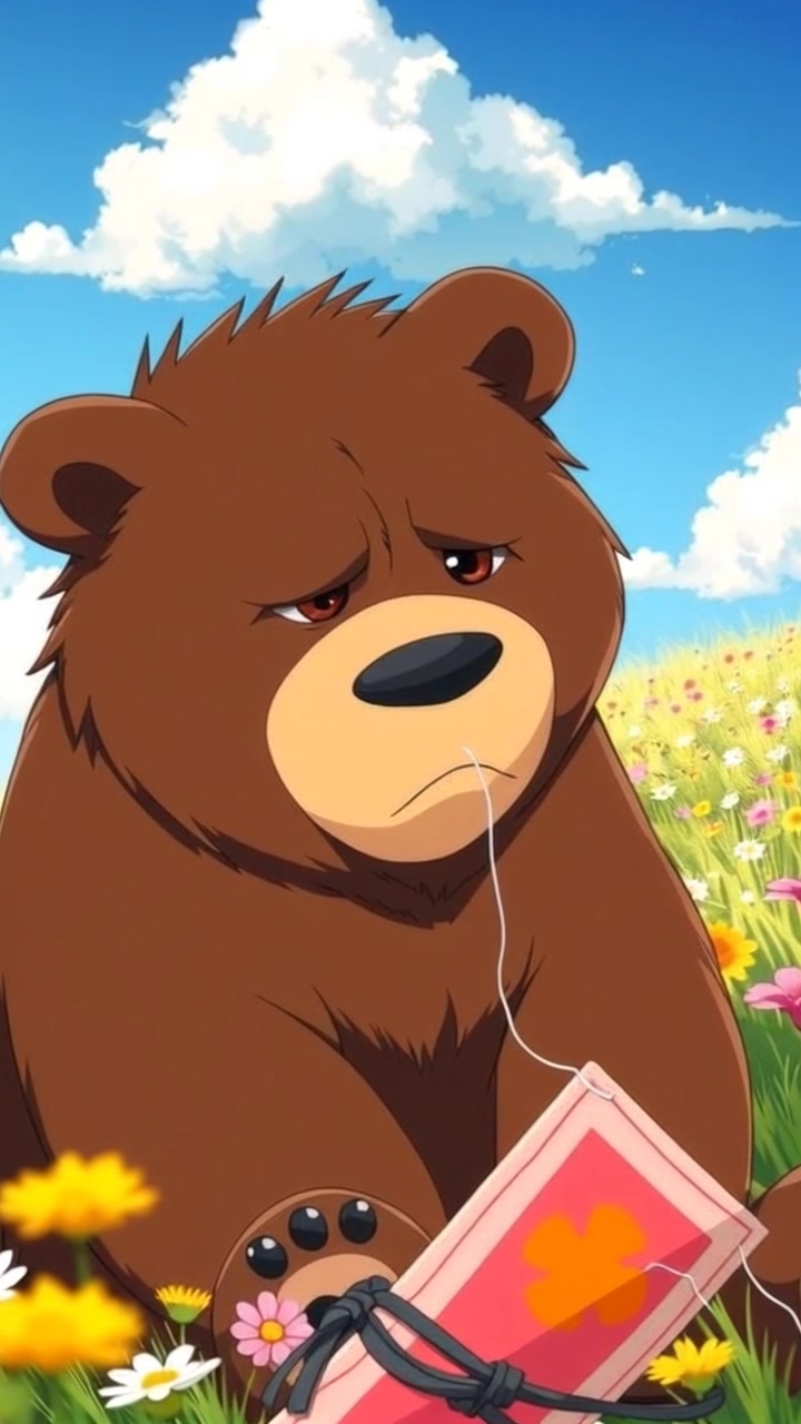 A close-up of Bumbles the Bear's face, showing frustration as he looks at the ground with the kite beside him.