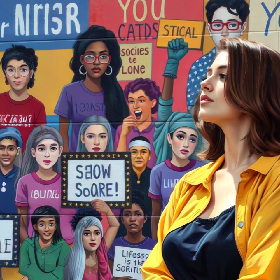 Subject: Young person with an inspired expression standing in front of a large mural depicting social causes. Subject description: Casual attire, youthful features, engaged expression. Subject movement: Stillness. Scene: Vibrant urban alleyway with graffiti-covered walls and community artwork. Style: Bold colors and street art aesthetic, bustling with cultural elements. Camera language: Slow pan across the mural, focusing on details and the emotional connection of the subject. Lighting: Vibrant street art lighting, casting dynamic shadows and highlights. Atmosphere: Inspirational, urban, and community-driven.