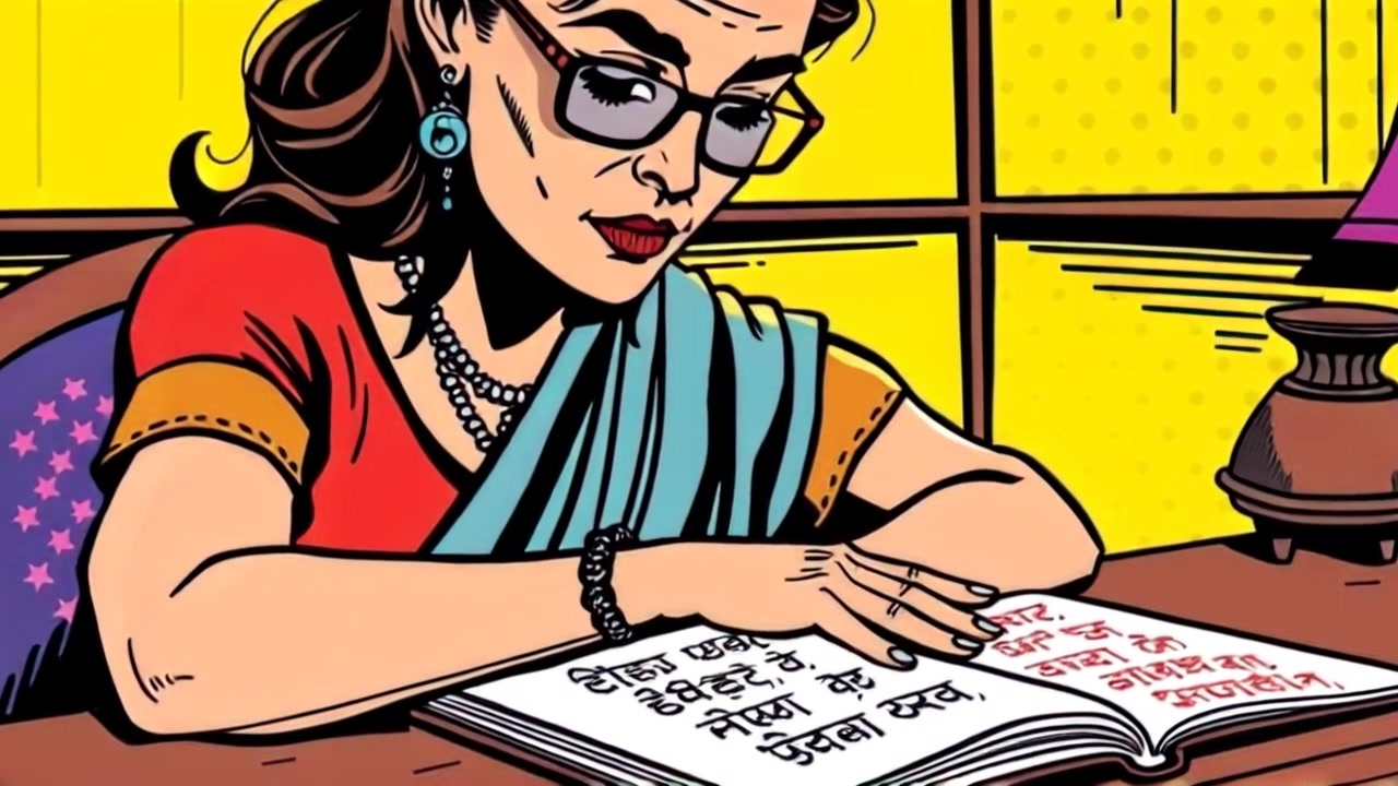Subject: A person deeply focused on Hindi lyrics written on sheets. Subject movement: The person shifts slightly in their seat, adjusting the sheets as they concentrate. Scene: A traditional Indian table adorned with handwritten lyrics, set in a cozy room filled with cultural decor. Style: Warm, amber lighting that creates an inviting and intimate atmosphere. Motion: Camera performs a slow push-in towards the person, capturing their intense expression and the intricate details of the lyrics.
