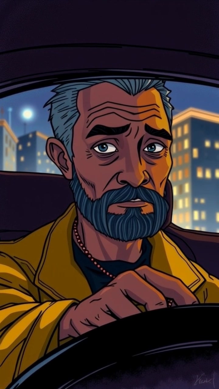 Seno drives a car at night, with city lights reflecting on the windshield. Camera pushes in from the outside to the driver's seat, capturing the intense focus on Seno's face illuminated by the dashboard lights. Low ambient lighting enhances the mysterious and contemplative atmosphere.