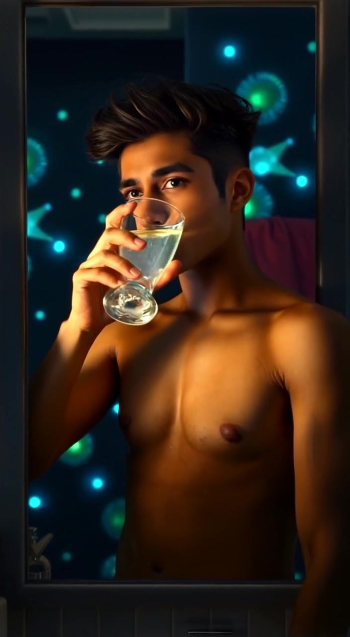 The person gently raises the glass of warm lemon water to their lips, gazing thoughtfully into the mirror.