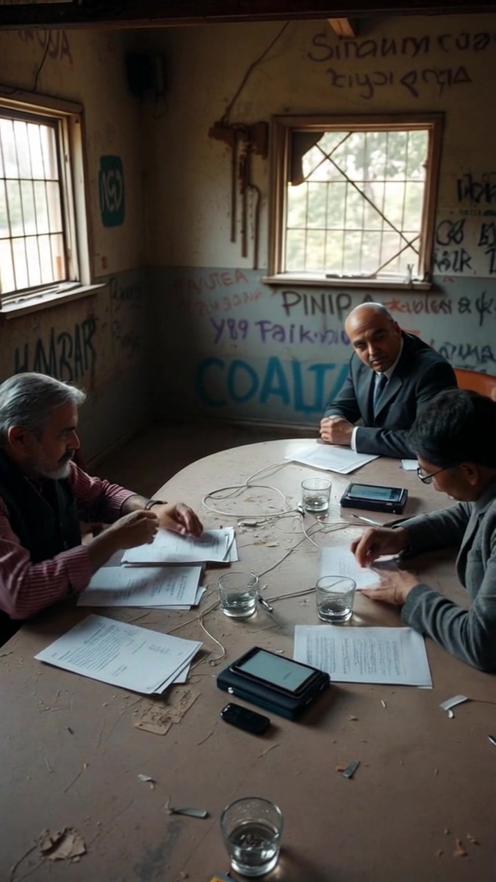 Scene: Representatives from India and Pakistan engaged in a tense negotiation at a round table adorned with flags and documents. Style: Soft, ambient lighting creating a serious and contemplative atmosphere. Motion: Camera slowly pans across the table, capturing the focused expressions of the representatives as they lean in and gesture towards papers, emphasizing the gravity of the discussions.