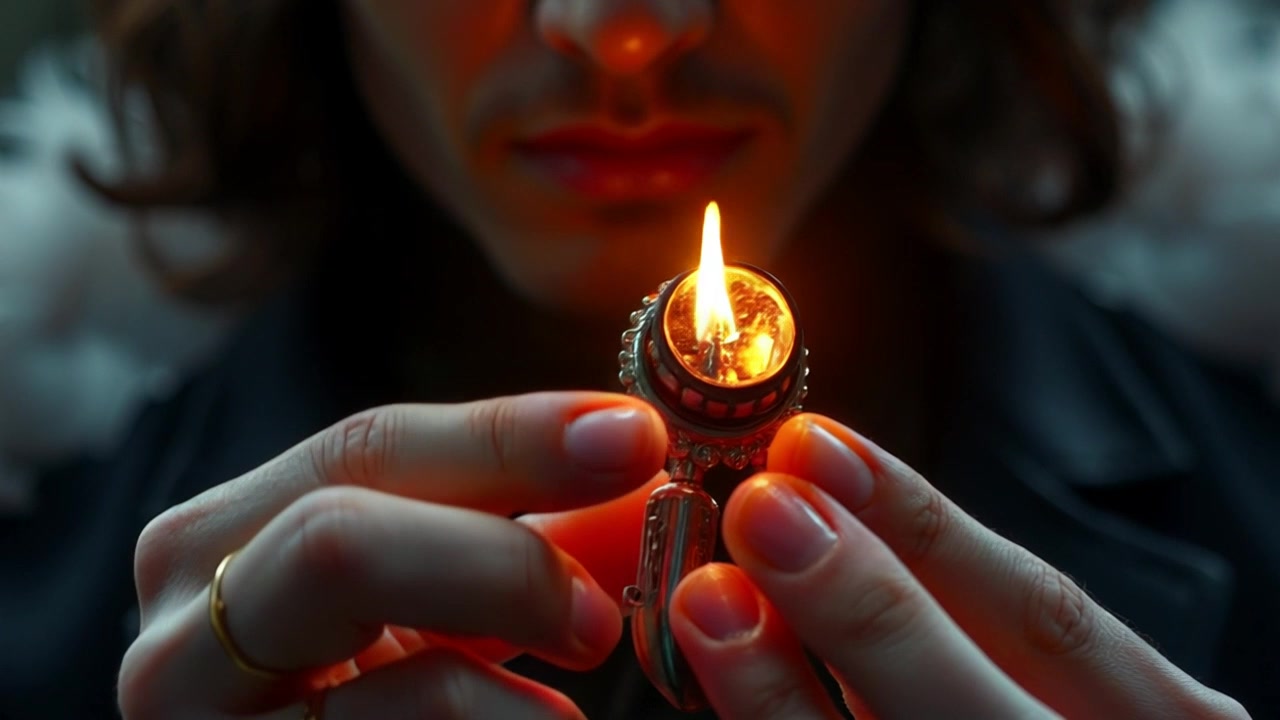 Scene: A close-up of the Ember Key shimmering with energy, pulsating softly in Kael's hands, surrounded by a mysterious aura. Style: Warm, golden light illuminating the key, highlighting its intricate details. Motion: The camera slowly pushes in on the key, creating an intimate connection, while the energy pulsates rhythmically, casting dynamic reflections on Kael's focused expression.