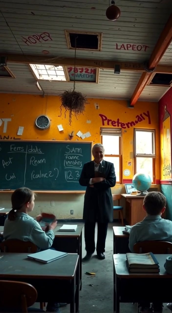 The teacher smiles warmly as students walk in, books in hand, ready for a new day in the colorful classroom.