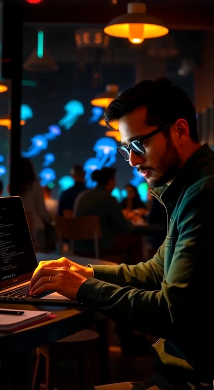 The founder types urgently on a laptop while coffee cups and conversations bustle in the vibrant café around them.