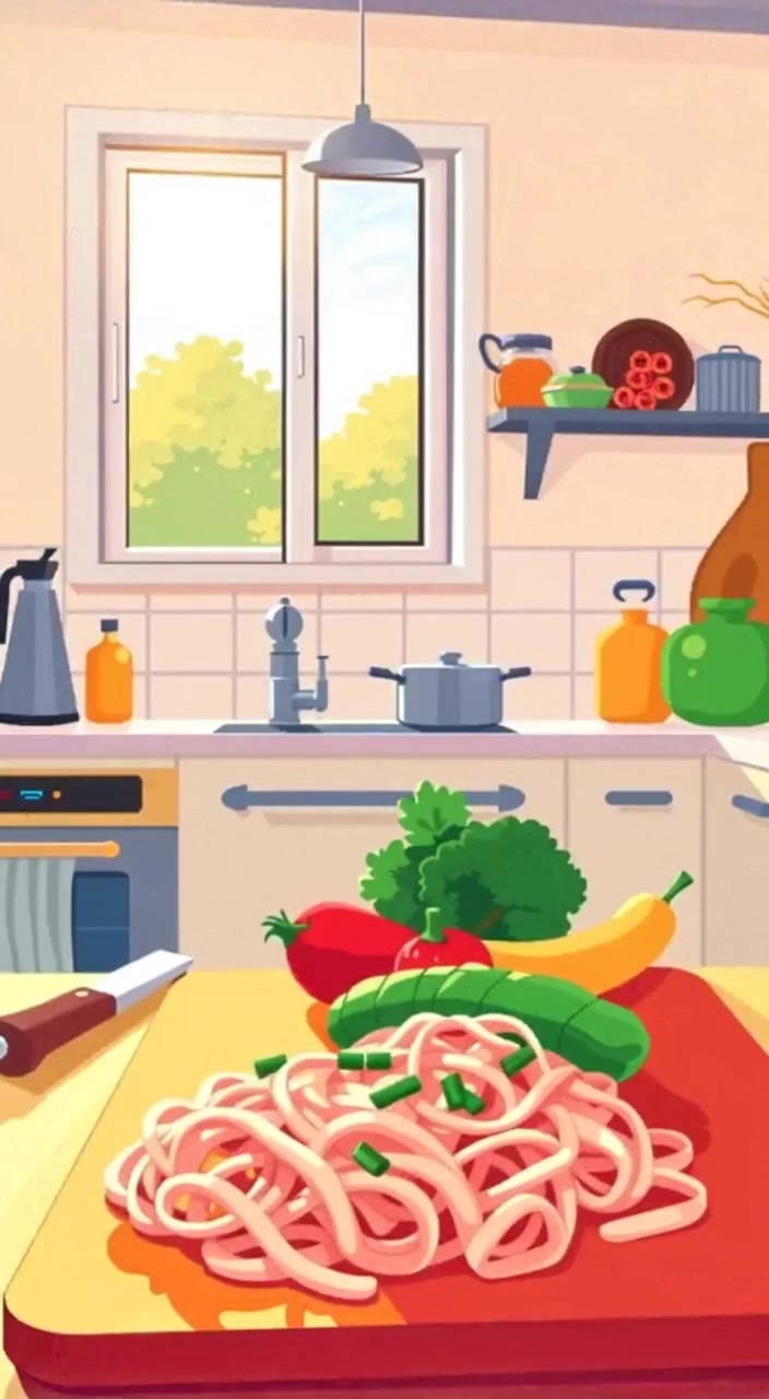 The woman gently stirs a pot on the stove while fresh vegetables lie on the counter beside her.