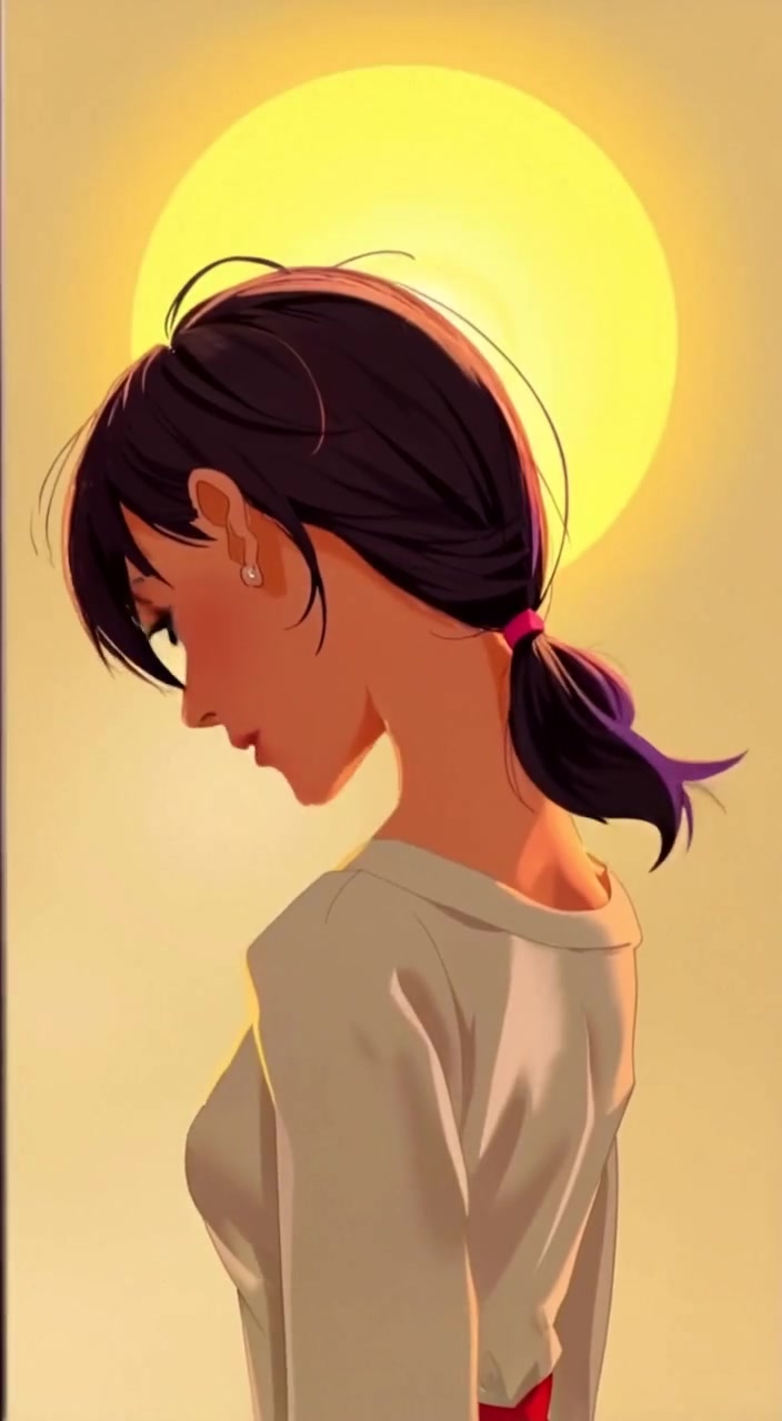 The woman softly adjusts her hair while gazing at her reflection in the mirror.