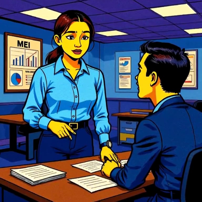 The woman gestures softly while discussing concerns with a co-worker amidst scattered papers in a busy office.