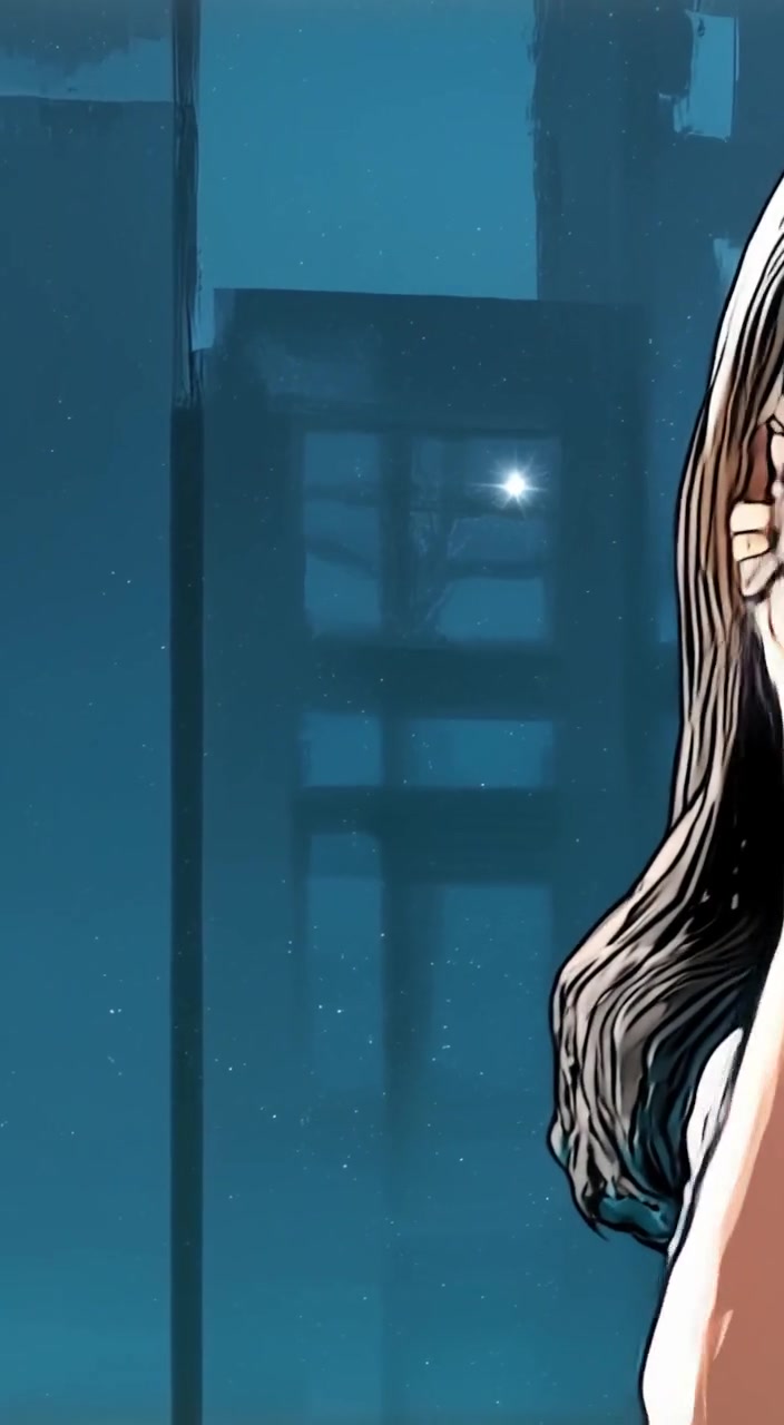 The girl gently brushes her hair while staring out the window at bright stars twinkling in the night sky.