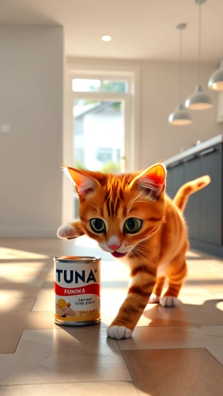 Mittens, an orange tabby kitten, is pouncing towards a can of tuna on the floor.