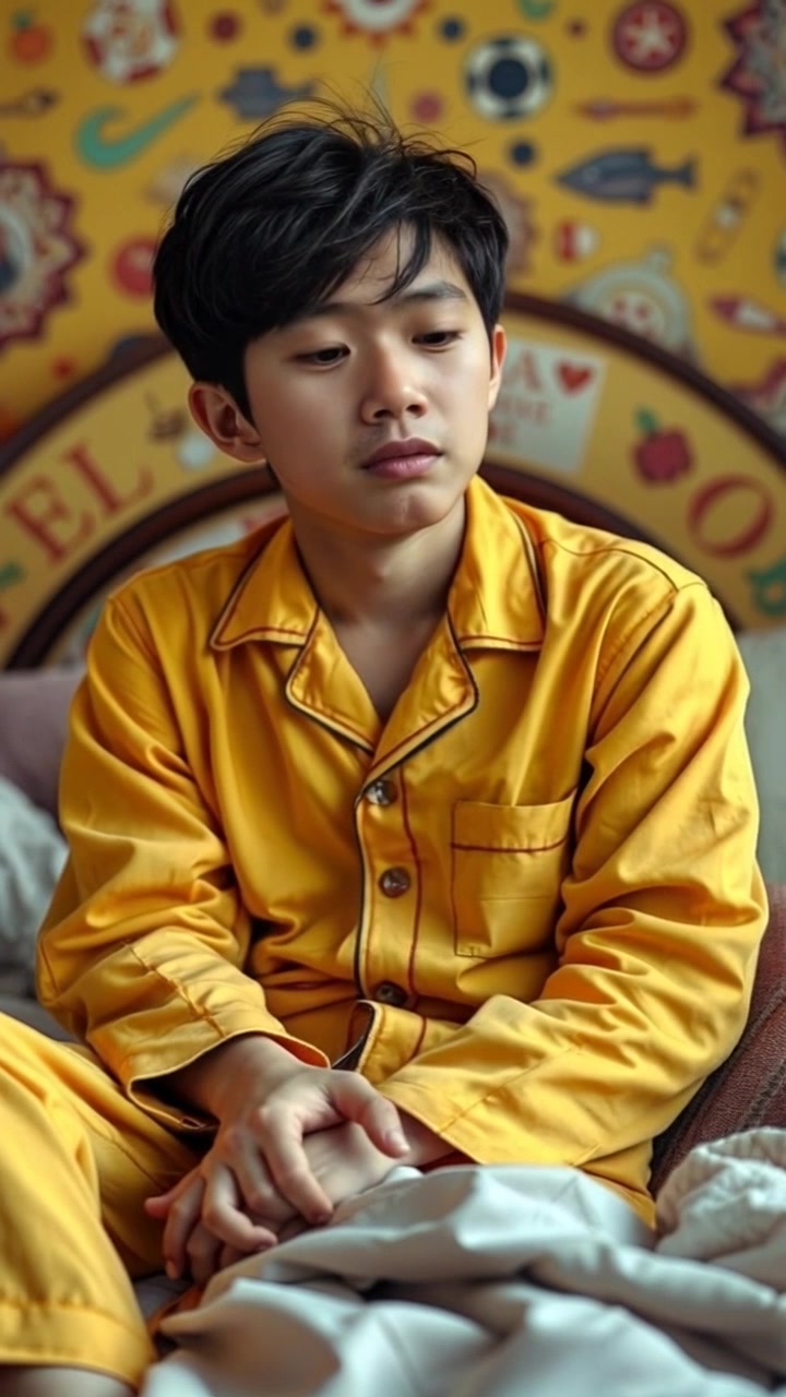 A chubby boy in yellow pajamas sits on a bed, looking worried, with a slight blush on his cheeks.
