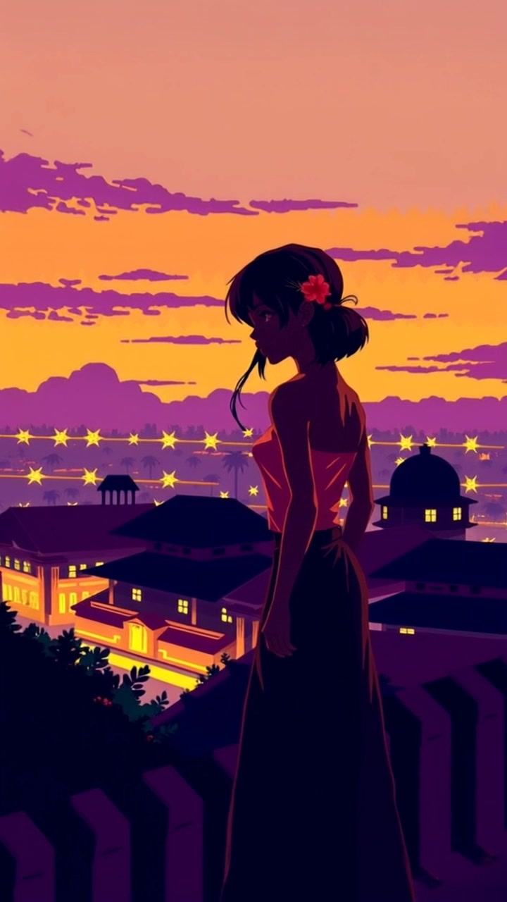 Subject: A shadowy figure of a woman in a low ponytail, standing on a rooftop. Scene: Rooftop view overlooking the city of Majapahit at dusk, with the sky transitioning into deep blues and oranges. Lighting: Ambient twilight lighting creates a moody atmosphere, casting long shadows. Motion: The camera slowly zooms in on the figure, capturing the sprawling cityscape behind her, framed by the fading light.