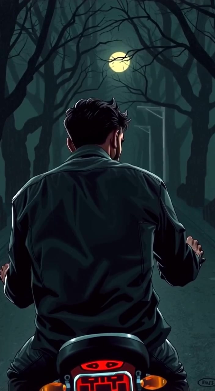 A close-up of Akash's back as he rides, a cold breeze visibly rustling the fabric of his shirt.