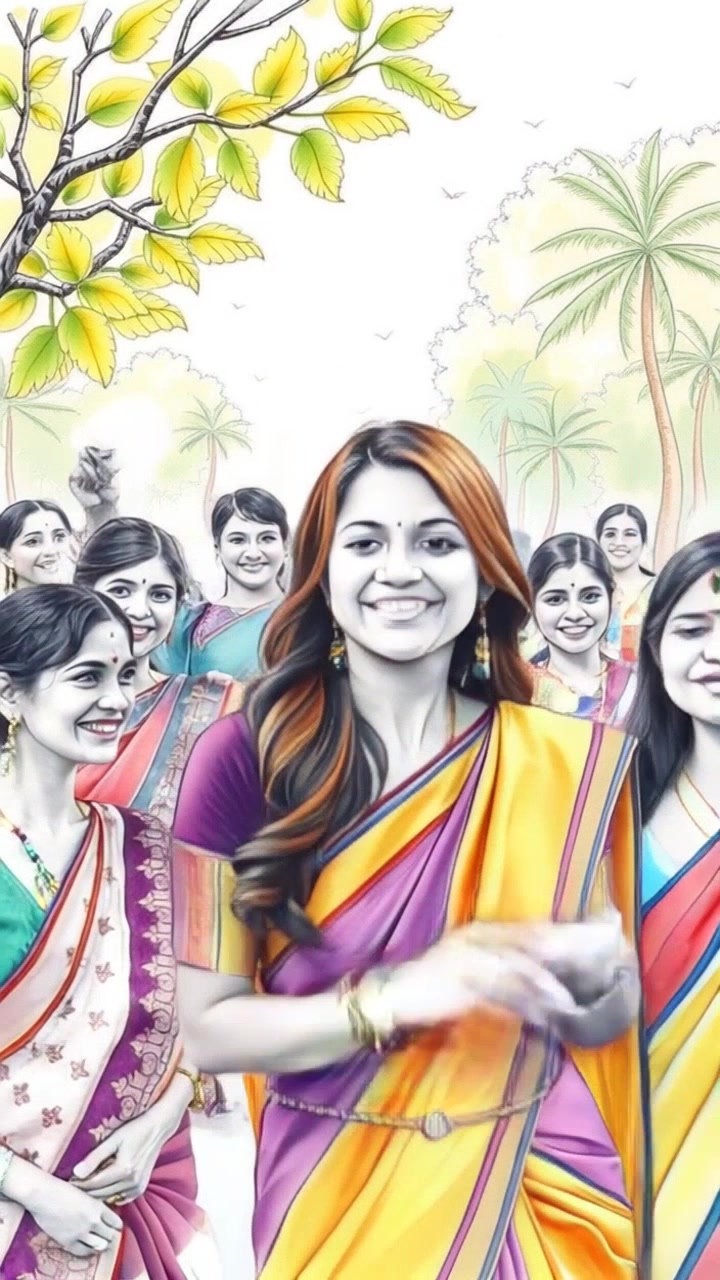 Subject: A group of Telugu people in vibrant, colorful traditional attire, dancing joyfully to traditional music in an open park. Subject description: Colorful traditional garments, traditional jewelry and accessories, energetic dance movements. Subject movement: Energetically dancing and celebrating with joyful expressions. Scene: Lush green park with traditional decorations, lively music filling the air. Camera language: Tracking alongside the dancers with lively movements, capturing the spirit of the festivities. Lighting: Soft, warm evening light enhancing the colorful attire and joyful atmosphere. Atmosphere: Festive, vibrant, celebratory.