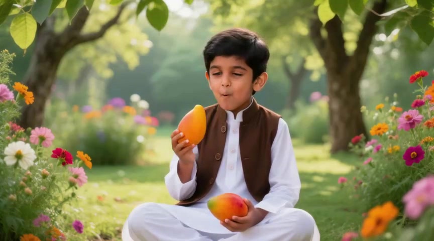 A Boy Enjoying Mangoes in the Garden