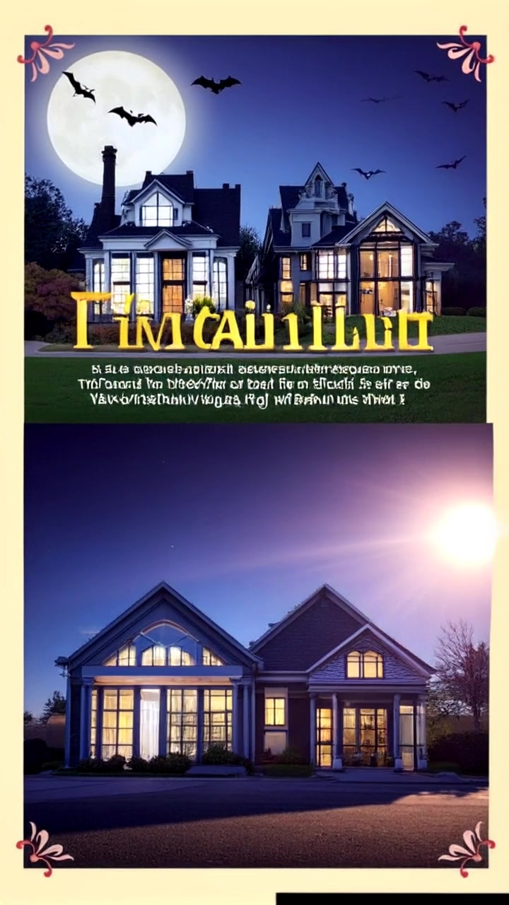 Scene: A visually striking real estate advertisement layout showcasing images of modern houses alongside bold text overlays. Style: Bright, engaging lighting that enhances the appeal of the properties and text. Motion: The camera pans smoothly across the layout, highlighting different sections of the advertisement while briefly zooming in on key images and text.
