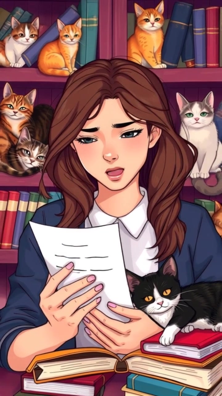 Subject: A young woman with a skeptical expression as she reads a letter. Subject movement: She shifts slightly in her seat, adjusting her posture as she contemplates the letter's contents. Scene: A cozy reading nook filled with books, warm wooden shelves, and soft lighting creating an inviting atmosphere. Motion: Camera starts with a close-up on her face, then gently pulls back to reveal her surroundings, highlighting the collection of books stacked around her.