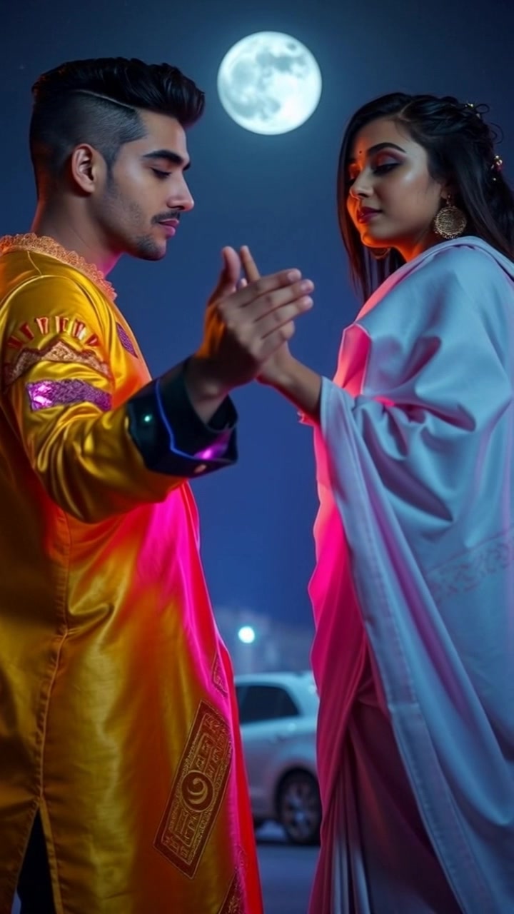 Rohit reaching out to hold the hand of a beautiful girl in a white saree under moonlight, cold shivers in the dark surroundings.