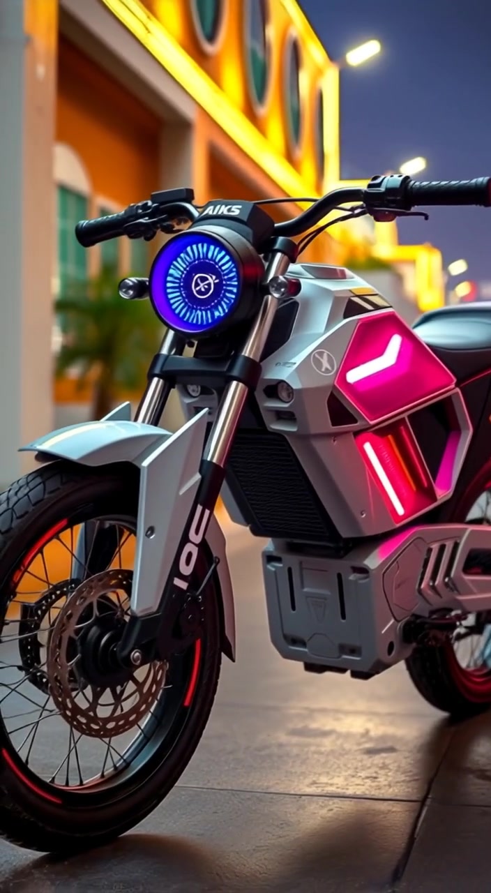 The bike's advanced lights flicker gently, illuminating the sleek frame in the twilight.