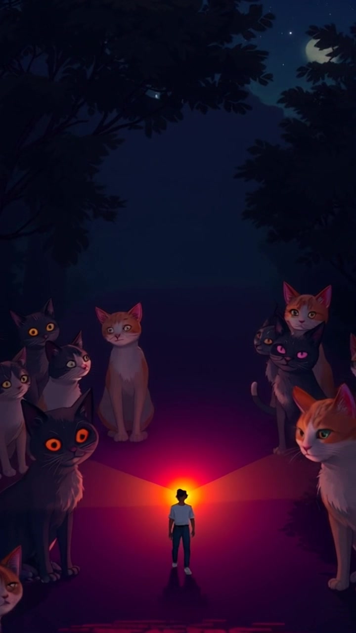 Scene: A dark night enveloped in thick shadows, with a narrow path illuminated by a solitary beam of light from a flashlight. Style: Mysterious and moody atmosphere defined by deep blues and blacks, contrasted with the sharp, bright beam cutting through the darkness. Motion: The camera glides forward along the path, tracking the beam of light as it reveals glimpses of the surrounding foliage, creating a sense of intrigue and suspense.