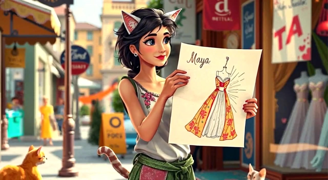 The woman gently studies the shimmering dress sketch, her eyes reflecting wonder and creativity in the warm, cozy room.