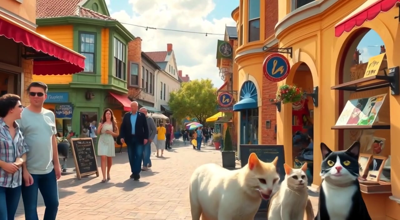 People stroll casually down a sunny street filled with shops, while colorful signs flutter gently in the warm breeze.