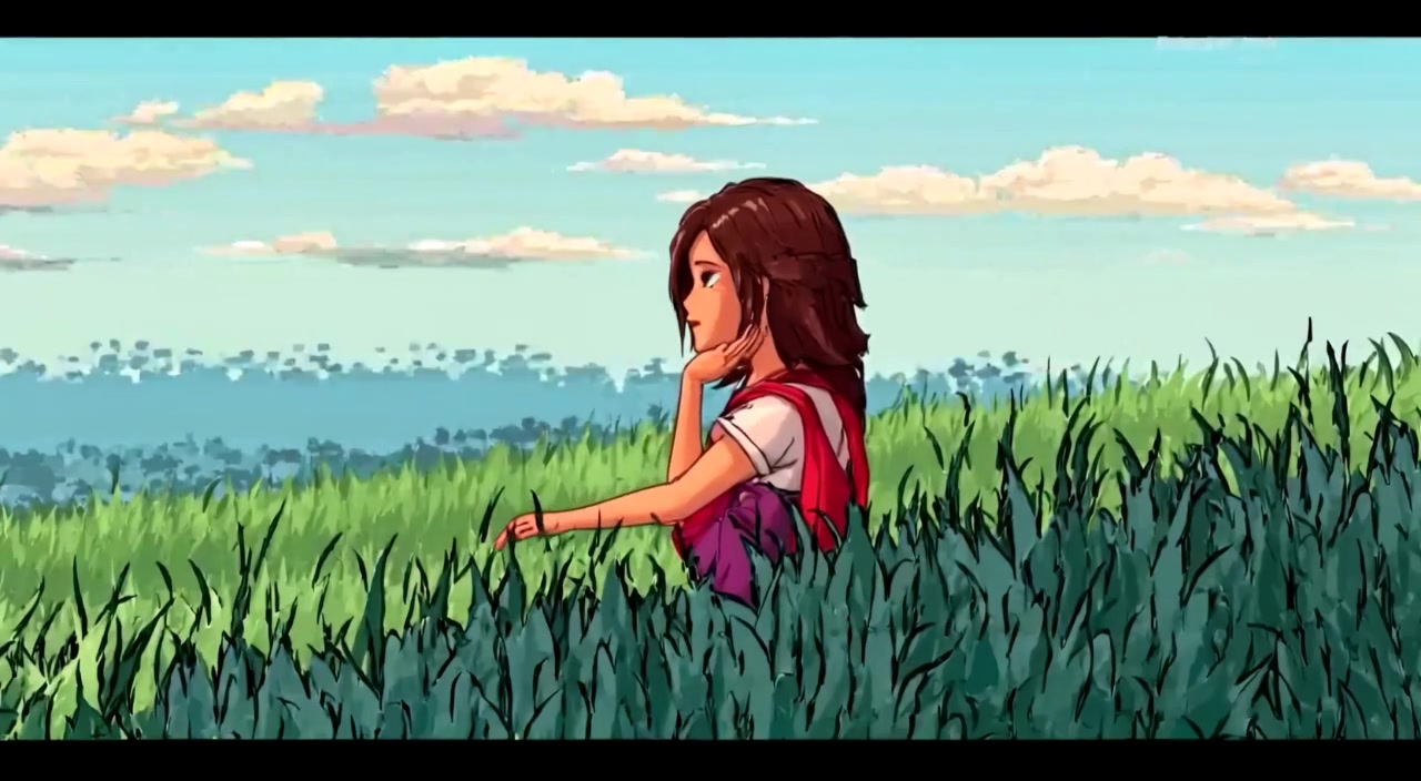 The woman gently brushes her hand over the tall grass beside the path, gazing thoughtfully towards the horizon.
