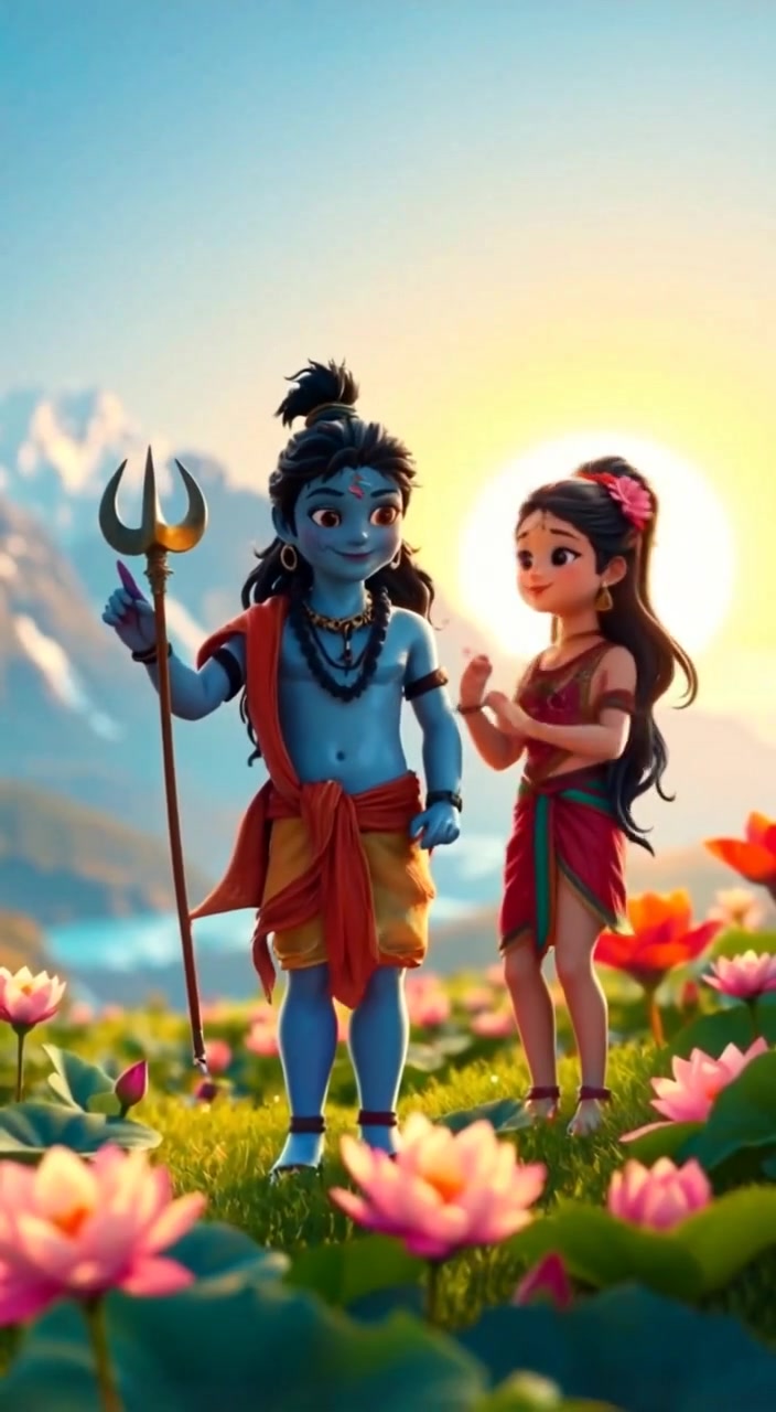 Divine Dance of Little Shiva and Little Parvati in a Magical Himalayan Setting