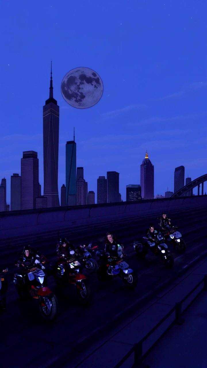 Scene: A vibrant city skyline illuminated by a full moon with racers gathered, revving their engines in anticipation of the competition. Style: Nighttime lighting creating dramatic contrasts between shadows and moonlight reflecting on the surfaces. Motion: The camera performs a sweeping panoramic shot across the skyline, then zooms in on the racers, capturing their intense focus and the shimmering lights of the city behind them.