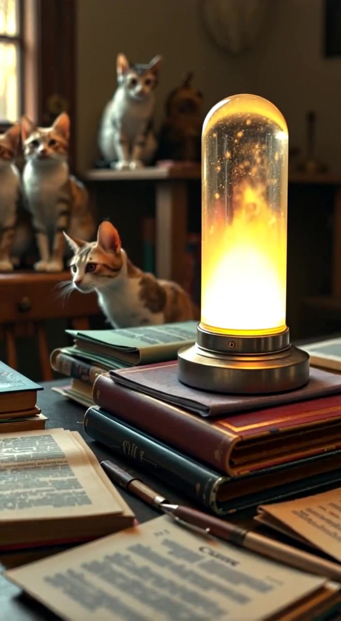 A gentle light pulses from the glowing object, illuminating the scattered books and papers on the table.