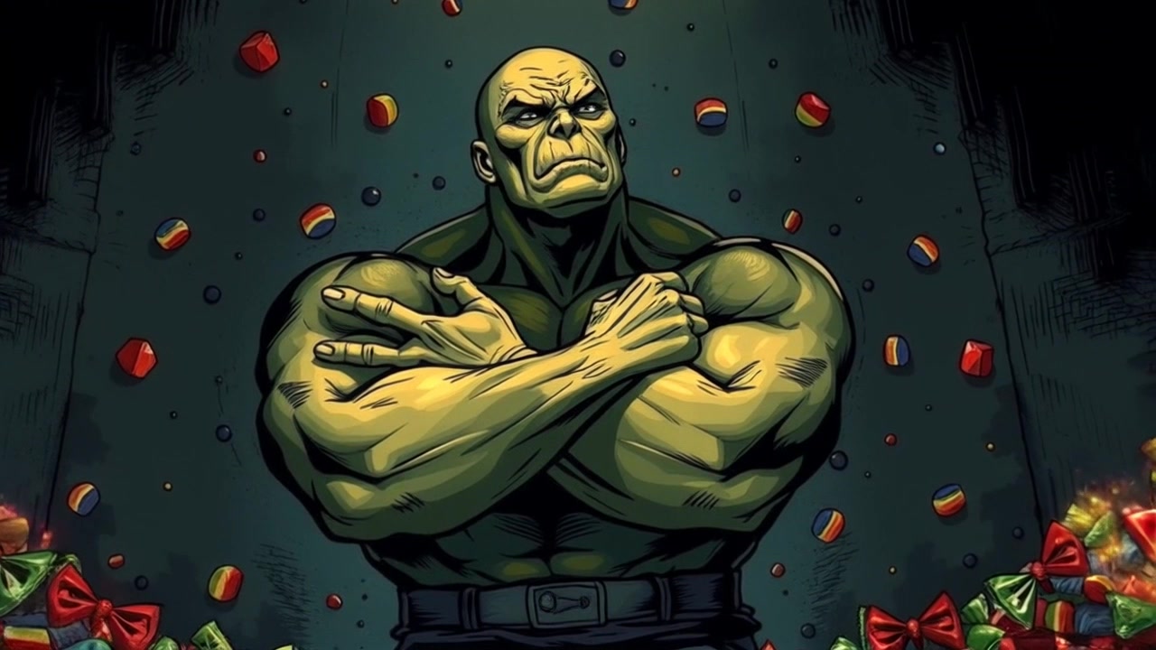 Subject: Hulk standing strong with crossed arms and a contemplative expression, fully surrounded by a variety of colorful candy. Subject Movement: Hulk remains still and focused, emanating a powerful presence amongst the sweet treats. Scene: Playful candy-filled room with vibrant hues and whimsical decor, creating a visually appealing backdrop. Camera Language: Slowly orbit around Hulk, highlighting his imposing stature and the contrast between his intensity and the lighthearted setting. Lighting: Bright and colorful lighting, accentuating the candy-filled environment and complementing Hulk's strong presence. Atmosphere: Whimsical and colorful, blending Hulk's serious demeanor with the playful surroundings.